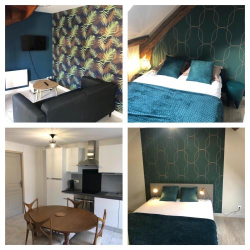 4 photos d'une chambre d'hôtel avec un lit et une table dans l'établissement Le gîte du Lavoir - Les gîtes de joséphine, à Courbouzon