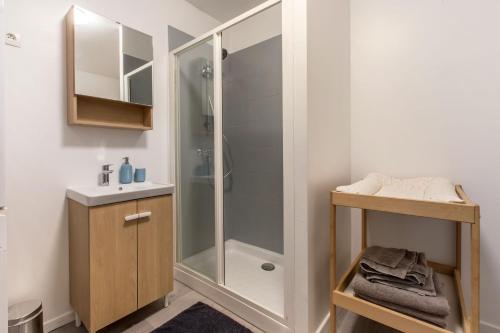 een badkamer met een douche en een wastafel bij Le Flamand, jeux en bois déco du nord! in Tourcoing