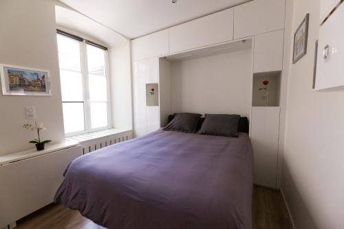 a bedroom with a bed in a white room at L'Ecluse - Studio Cosy, Calme, Hyper-Centre Strasbourg in Strasbourg
