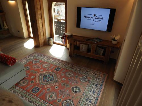 a living room with a television and a rug at MAISON DAVID - da Nonno Carlo 0034 in Cogne