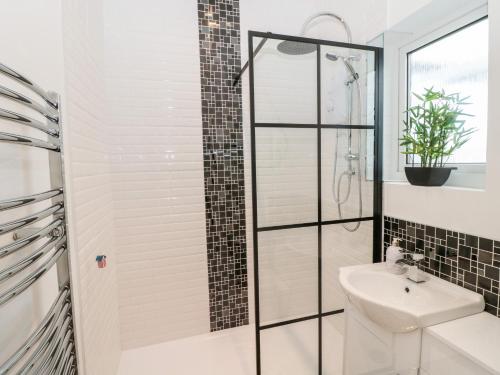 a bathroom with a shower and a sink at The Snug in Chathill