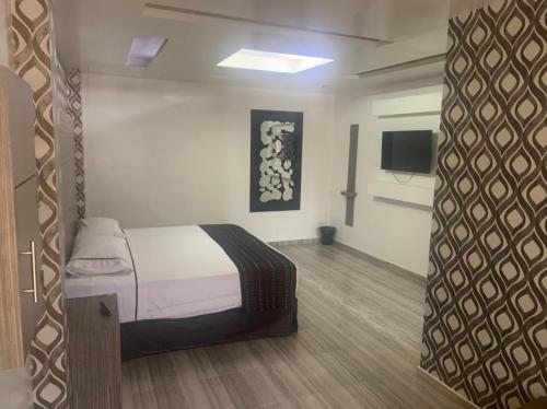 una camera con un letto e una televisione di Motel Pedregal Suites a San Juan del Río
