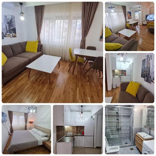 a collage of photos of a living room and a kitchen at Astra Apartments Skopje in Skopje