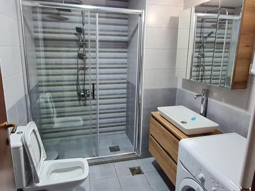 a bathroom with a shower and a toilet and a sink at Astra Apartments Skopje in Skopje