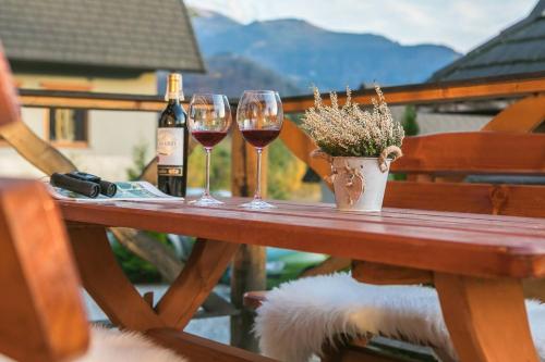 two glasses of wine and a potted plant on a wooden table at Nydala Rustic in Kościelisko