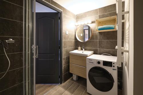 une salle de bain avec une machine à laver et un lavabo dans l'établissement Jules - appartement au calme dans la BASTIDE proche citée médiéval, à Carcassonne