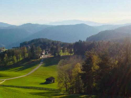 a green pasture with a barn on a hill with mountains at Hotel Landgasthof Lärchenwald in Collepietra