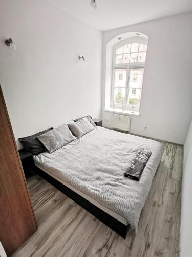 a white bedroom with a bed with a window at Apartament Kuba in Mrągowo