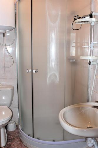 a shower in a bathroom with a toilet and a sink at Три Брати in Grebenov