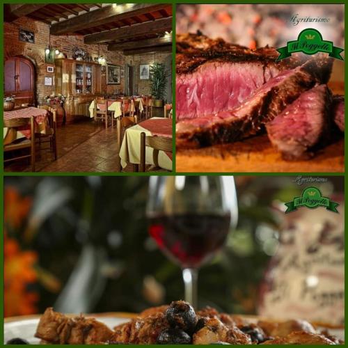 a collage of pictures with a glass of wine and meat at Agriturismo il Poggetto in Torre