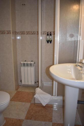 a bathroom with a sink and a shower and a toilet at Hotel El Ancla in Villanueva de la Cañada
