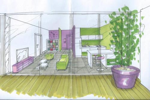 a drawing of a living room with a plant at loft avec parking et terrasse in Chamalières