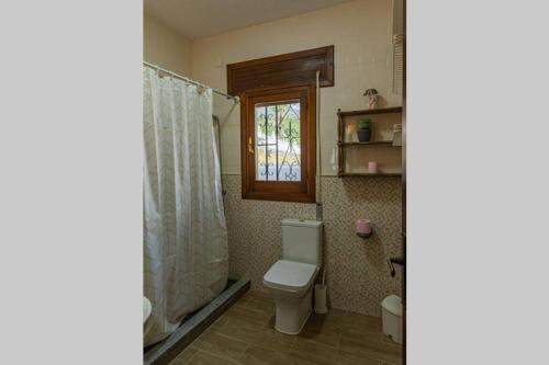 a bathroom with a toilet and a shower and a window at Casa La Albaida, Estación de Cortes de la Frontera in Cortes de la Frontera