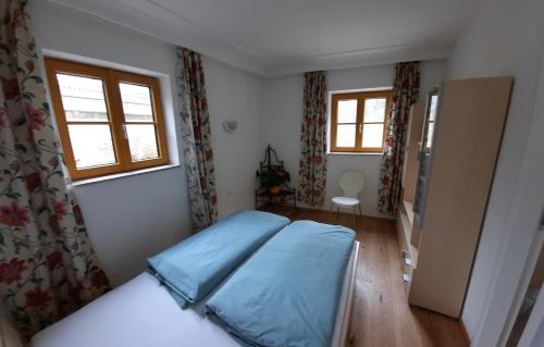a bedroom with a bed and two windows at Ferienhaus und Apartment Idolsberg in Idolsberg