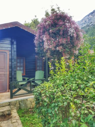 a blue house with a picnic table and two chairs at Portalimo Lodge Hotel - Adult Only +12 in Cıralı