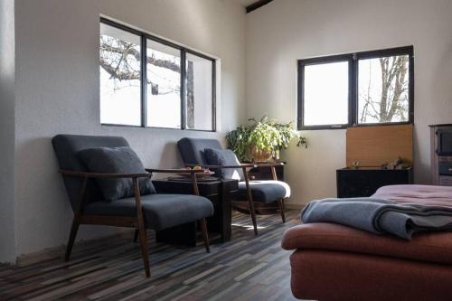 a room with two chairs and a table and windows at JELA Countryside House in Kosjerić