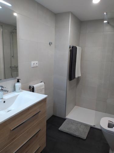 ein Bad mit einem Waschbecken, einer Dusche und einem WC in der Unterkunft SunSea Lloret Apartament in Lloret de Mar