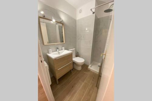 une salle de bain avec un lavabo, des toilettes et un miroir dans l'établissement STUDIO CENTRE CANNES PROCHE PLAGES (CONGRES), à Cannes