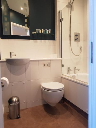 a bathroom with a toilet and a shower and a sink at Limes Apartments in Haywards Heath