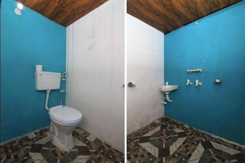 two pictures of a bathroom with a toilet and a sink at Apple Retreat Resort in Kūfrī