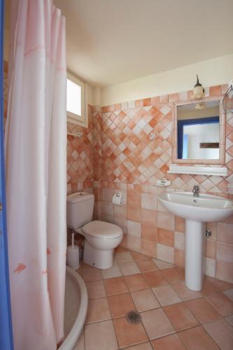 a bathroom with a toilet and a sink and a shower at Chiliadromia Studios in Alonnisos Old Town