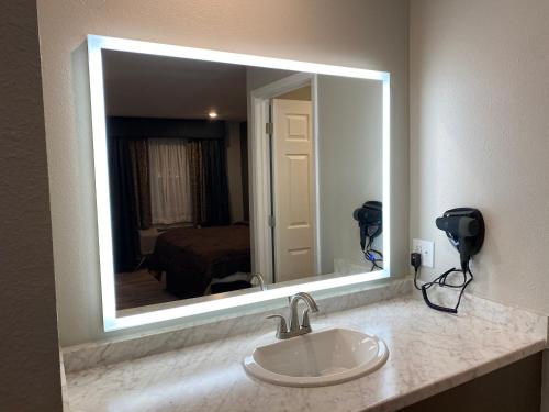 a bathroom with a sink and a large mirror at Ozark Inn & Suites in Ozark
