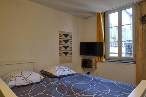 Cette chambre comprend un lit avec deux oreillers et une télévision. dans l'établissement Méline - BASTIDE - Appartement proche place Carnot proche cité médiéval, à Carcassonne