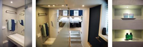 3 fotos de un baño con una habitación con cama en Blueprint B&B - Breakfast & Bikes, en Ámsterdam