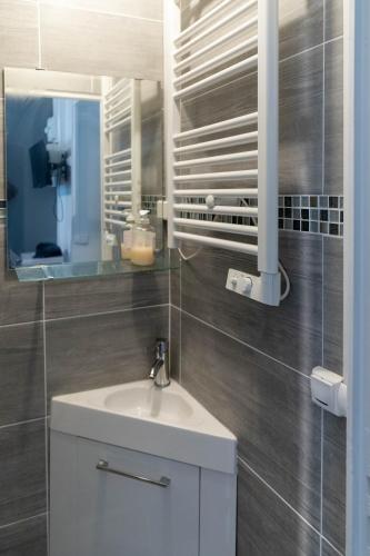 une salle de bain avec un lavabo et un miroir dans l'établissement Cosy Home - PantinSmile, à Pantin