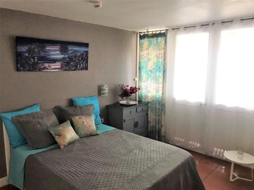 une chambre avec un lit et une fenêtre dans l'établissement Studio Mojito vue mer,piscine avec cuve eau et accès plage et piscine ANSE DES ROCHERS, à Saint-François