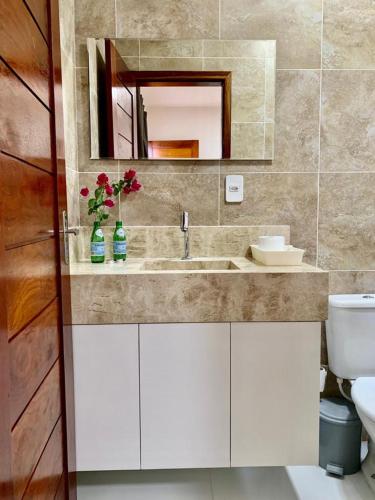 a bathroom with a sink and a mirror and a toilet at Chalés Sossego da Serra in Serra de São Bento