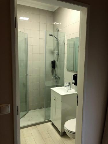 a bathroom with a shower and a toilet and a sink at The Capital Boutique B&B in Peniche