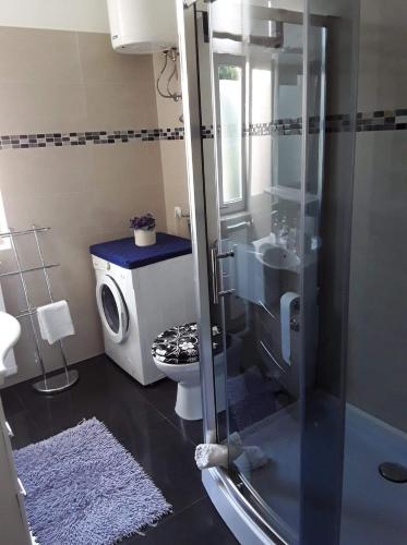 a bathroom with a toilet and a shower with a microwave at Rab Apartments Žic in Kampor