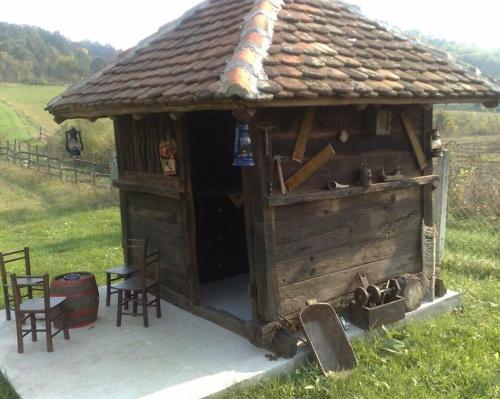 a small cabin with chairs and a roof at Vila Rodjak sa sela in Mionica