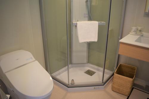 a bathroom with a shower with a toilet and a sink at Kagetsuen in Hakone
