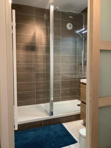 um chuveiro com uma porta de vidro na casa de banho em Appartement T2 dernier étage em Touques