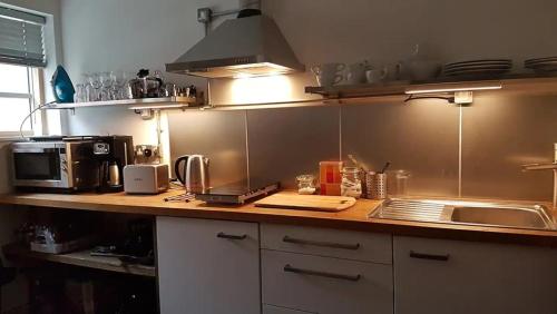 a kitchen with a counter with a sink and a microwave at the icecream factory, room in private house in York