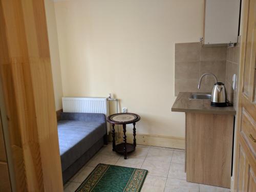 a small room with a bed and a sink at Willa Marylka in Piwniczna