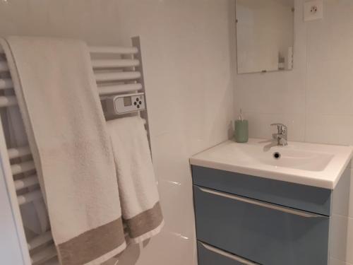 La salle de bains est pourvue d'un lavabo et d'une serviette blanche. dans l'établissement Logement proche Lyon-aéroport-Centrale Bugey, à Dagneux