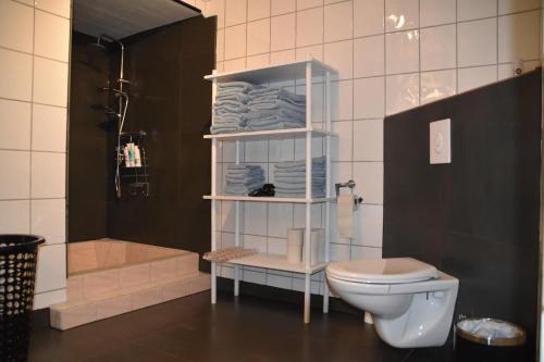 łazienka z toaletą i prysznicem w obiekcie Apartment with a view close to The Pulpit Rock w mieście Jørpeland