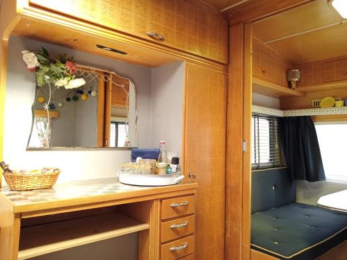 ein Bad mit einem Waschbecken und einem Spiegel in der Unterkunft Luna caravane Vintage in Charron