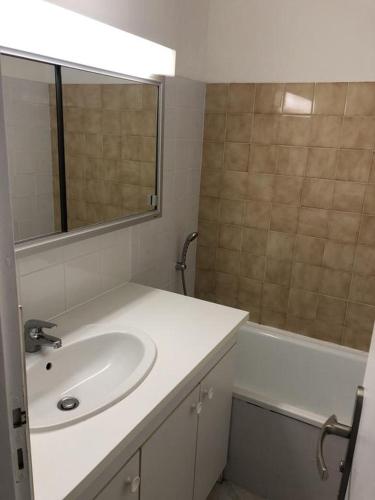 une salle de bain avec un lavabo, un miroir et une baignoire dans l'établissement studio la grande roue VUE MAGNIFIQUE, au Cap d'Agde