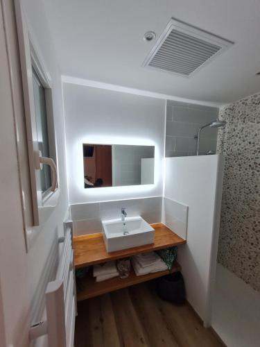 bagno con lavandino e specchio di OXPIRA a Palaja