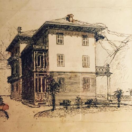 a drawing of a house in a sketch at Tre Alberi Liberi in Alagna Valsesia