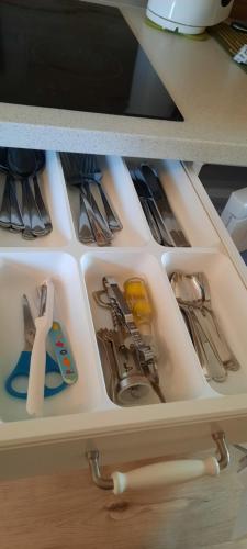 a drawer filled with utensils in a cabinet at Villa Shafaly in Mariánské Lázně
