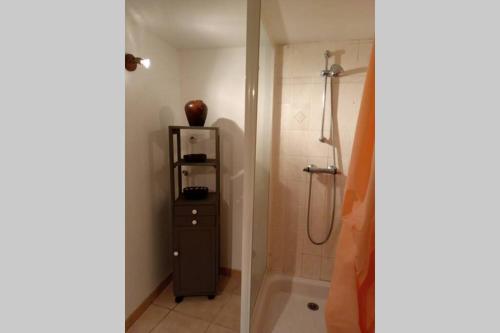 une salle de bain avec une douche avec un lavabo et des toilettes dans l'établissement Maison Bretagne proche Penestin port La Roche Bernard 5 à 6 pers, à La Roche-Bernard