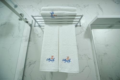 two towels on a towel rack in a bathroom at Calligraphy Hotel and Cottages in Mtsvane Kontskhi