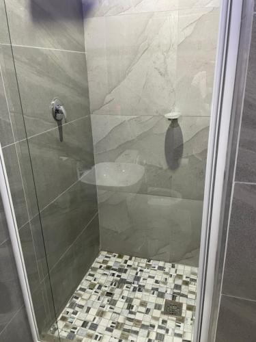 ducha con puerta de cristal y lavamanos en Martyrs Guest House, en Vanderbijlpark