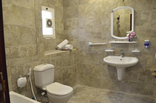 een badkamer met een toilet, een wastafel en een spiegel bij Nile View Inn in Caïro