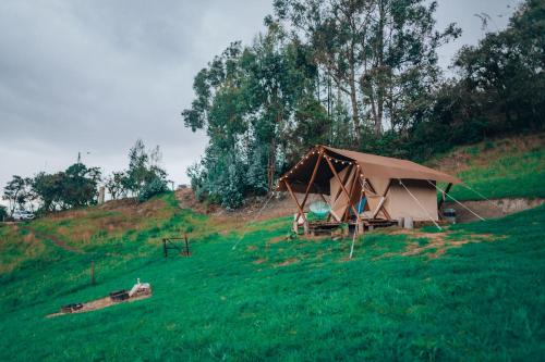 une tente sur une colline herbeuse dans un champ dans l'établissement Glamping rio frio Tabio, à Tabio